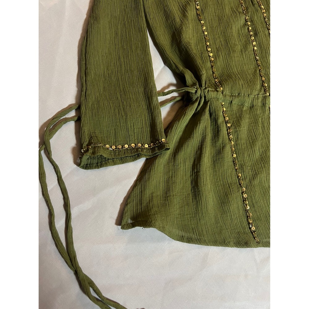 Y2K Mixit Sheer Tunic Top XS Boho Earthy Olive Green Beaded Gold Sequin Gauze - Picture 8 of 10